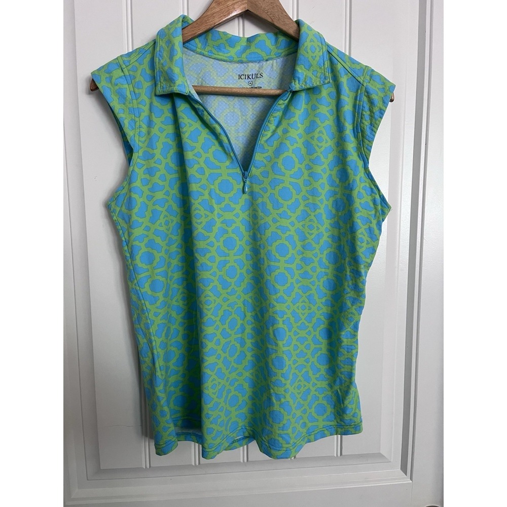 Icikuls Polo Womens XL Green Blue Golf Sleeveless Collared Zip Summer Shirt 388